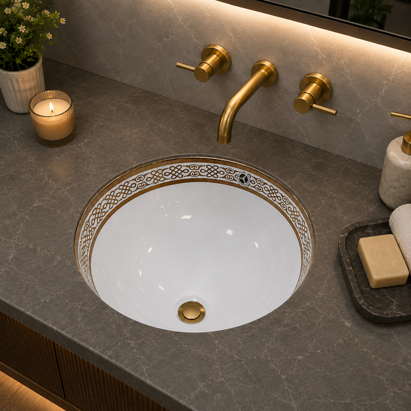 White & Gold Designer Ceramic Under Counter Wash Basin – 19.3 × 15.7 × 7.9 Inch | Glossy Oval Basin
