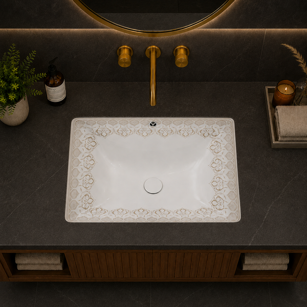 White & Gold Designer Ceramic Under Counter Wash Basin – 20.5 × 15 × 7.5 Inch | Glossy Rectangular Basin