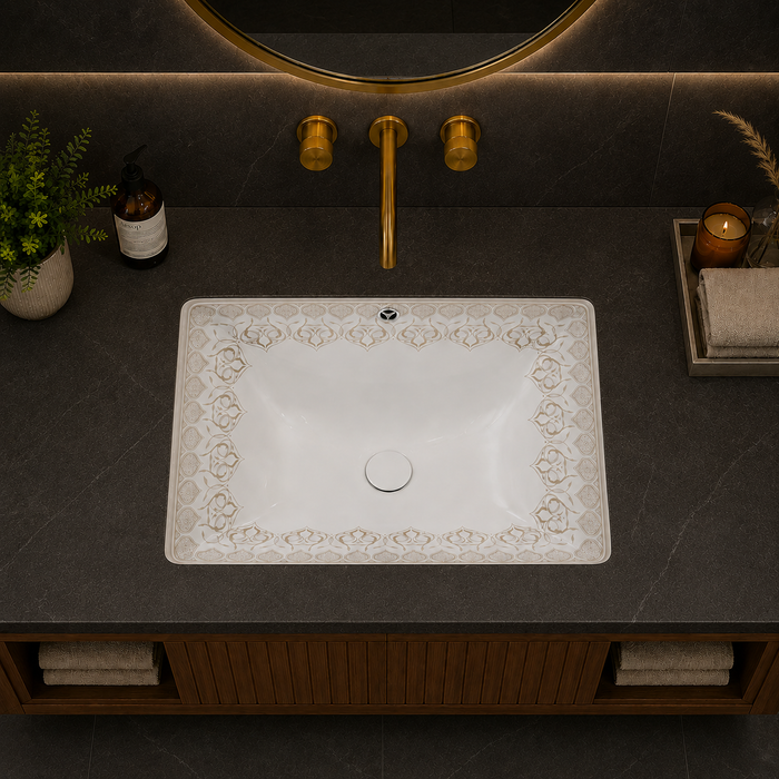 White and gold designer ceramic under counter wash basin with glossy finish, 520 × 380 × 190 mm rectangular undermount bathroom basin with decorative gold pattern.