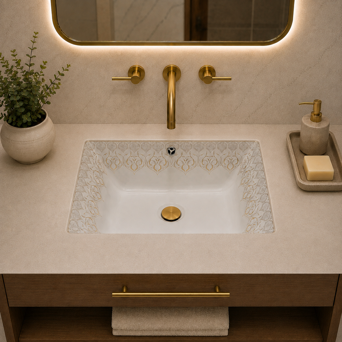 White and gold designer ceramic under counter wash basin with glossy finish, 520 × 380 × 190 mm rectangular undermount bathroom basin with decorative gold pattern.