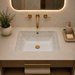 White and gold designer ceramic under counter wash basin with glossy finish, 520 × 380 × 190 mm rectangular undermount bathroom basin with decorative gold pattern.
