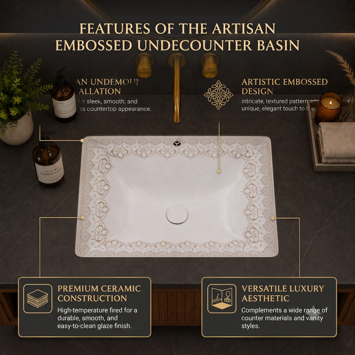White and gold designer ceramic under counter wash basin with glossy finish, 520 × 380 × 190 mm rectangular undermount bathroom basin with decorative gold pattern.