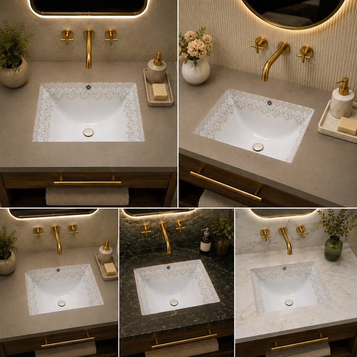 White and gold designer ceramic under counter wash basin with glossy finish, 520 × 380 × 190 mm rectangular undermount bathroom basin with decorative gold pattern.