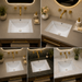 White and gold designer ceramic under counter wash basin with glossy finish, 520 × 380 × 190 mm rectangular undermount bathroom basin with decorative gold pattern.
