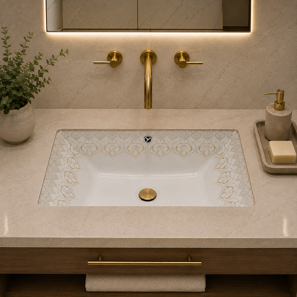 White & Gold Designer Ceramic Under Counter Wash Basin – 20.5 × 15 × 7.5 Inch | Glossy Rectangular Basin