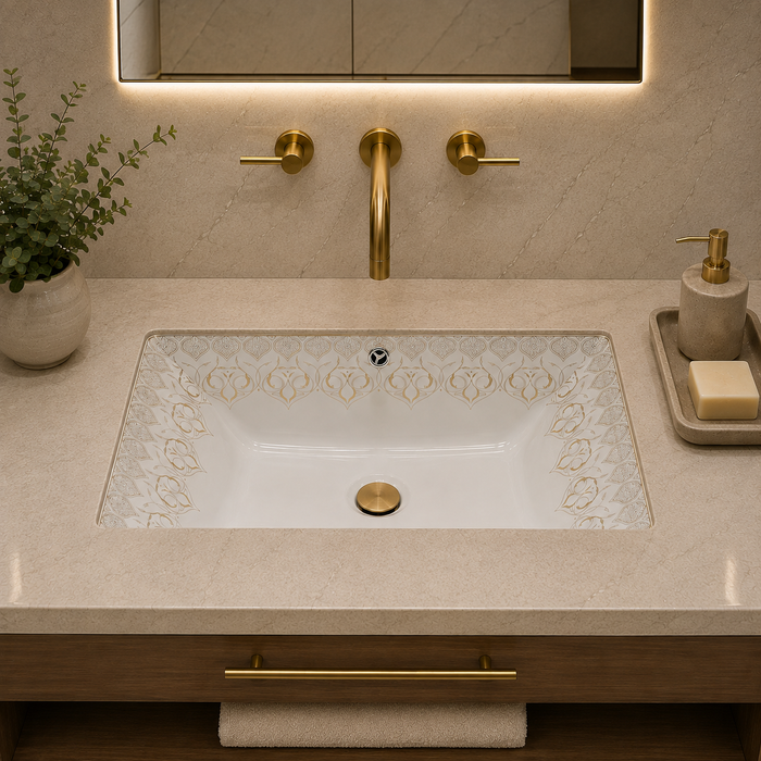 White and gold designer ceramic under counter wash basin with glossy finish, 520 × 380 × 190 mm rectangular undermount bathroom basin with decorative gold pattern.