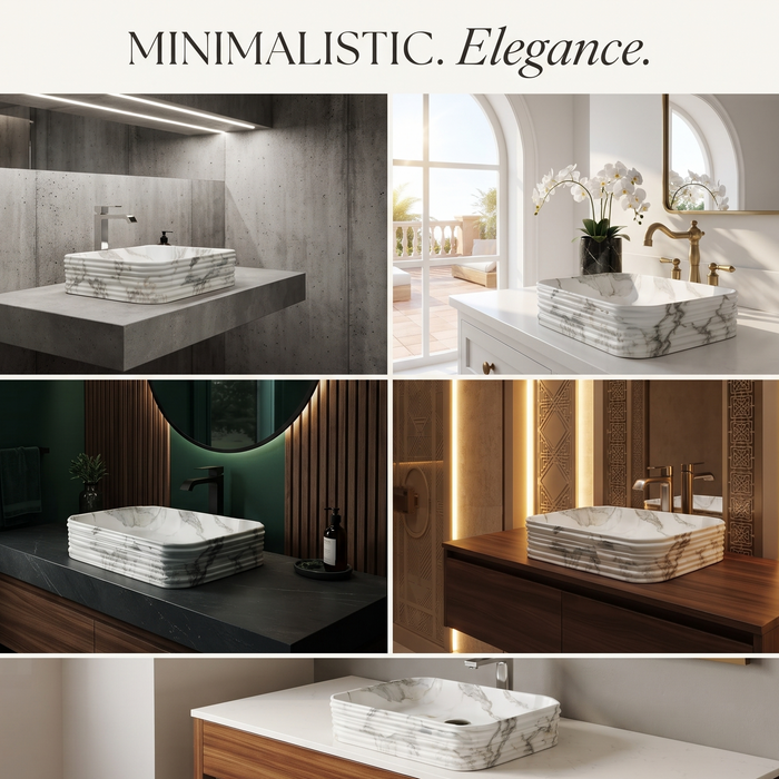 White and grey marble pattern ceramic rectangular table top wash basin 460x325x125 mm with rounded corners and horizontal ribbed exterior.