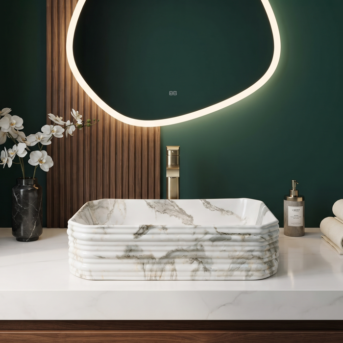 White and grey marble pattern ceramic rectangular table top wash basin 460x325x125 mm with rounded corners and horizontal ribbed exterior.