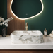 White and grey marble pattern ceramic rectangular table top wash basin 460x325x125 mm with rounded corners and horizontal ribbed exterior.