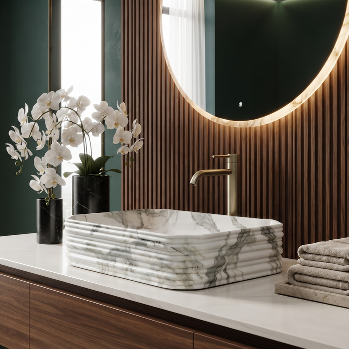 White and grey marble pattern ceramic rectangular table top wash basin 460x325x125 mm with rounded corners and horizontal ribbed exterior.