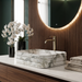 White and grey marble pattern ceramic rectangular table top wash basin 460x325x125 mm with rounded corners and horizontal ribbed exterior.
