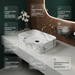 White and grey marble pattern ceramic rectangular table top wash basin 460x325x125 mm with rounded corners and horizontal ribbed exterior.