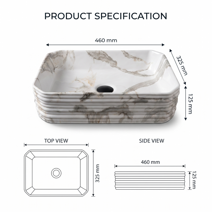 White and grey marble pattern ceramic rectangular table top wash basin 460x325x125 mm with rounded corners and horizontal ribbed exterior.