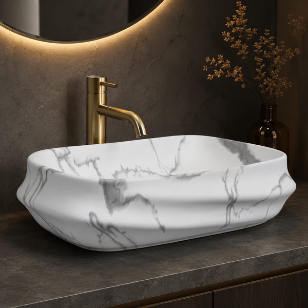 White & Grey Marble Matte Ceramic Designer Table Top Wash Basin – 600×430×150 mm