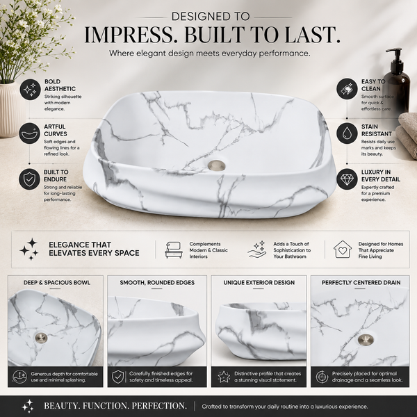 White & Grey Marble Matte Ceramic Designer Table Top Wash Basin – 600×430×150 mm