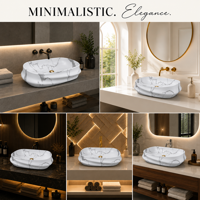 White and grey marble pattern matte ceramic table top wash basin, 600x430x150 mm, with sculpted rectangular design for modern luxury bathrooms.