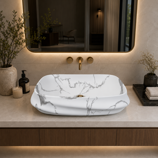 White & Grey Marble Matte Ceramic Designer Table Top Wash Basin – 600×430×150 mm
