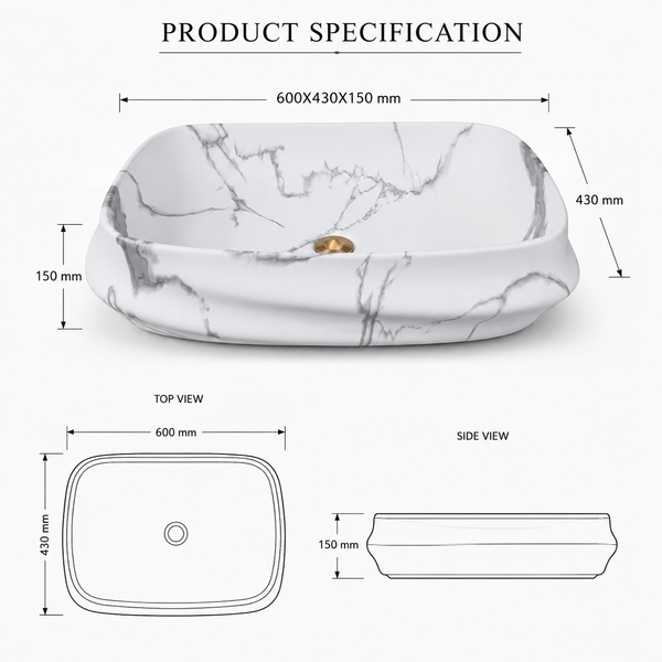 White & Grey Marble Matte Ceramic Designer Table Top Wash Basin – 600×430×150 mm