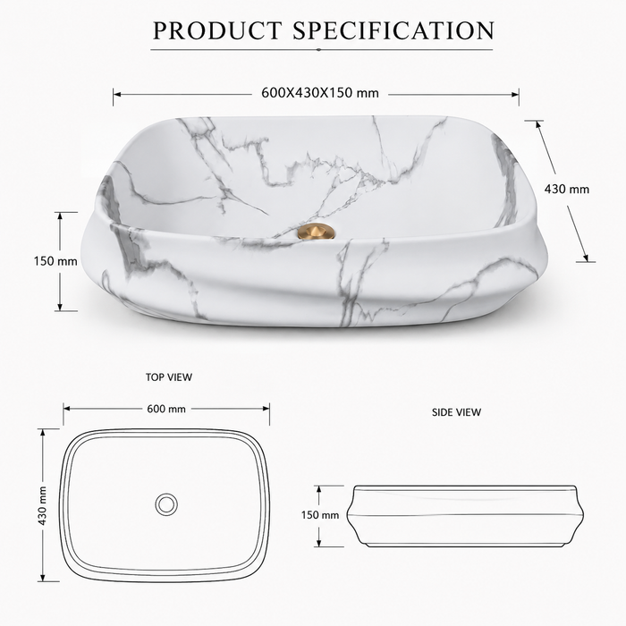 White and grey marble pattern matte ceramic table top wash basin, 600x430x150 mm, with sculpted rectangular design for modern luxury bathrooms.