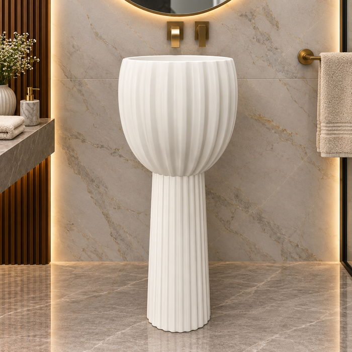 White artificial stone freestanding pedestal wash basin 400x400x860 mm with matte finish and fluted design, modern designer pedestal basin for luxury bathrooms