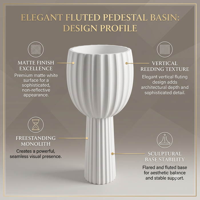 White artificial stone freestanding pedestal wash basin 400x400x860 mm with matte finish and fluted design, modern designer pedestal basin for luxury bathrooms