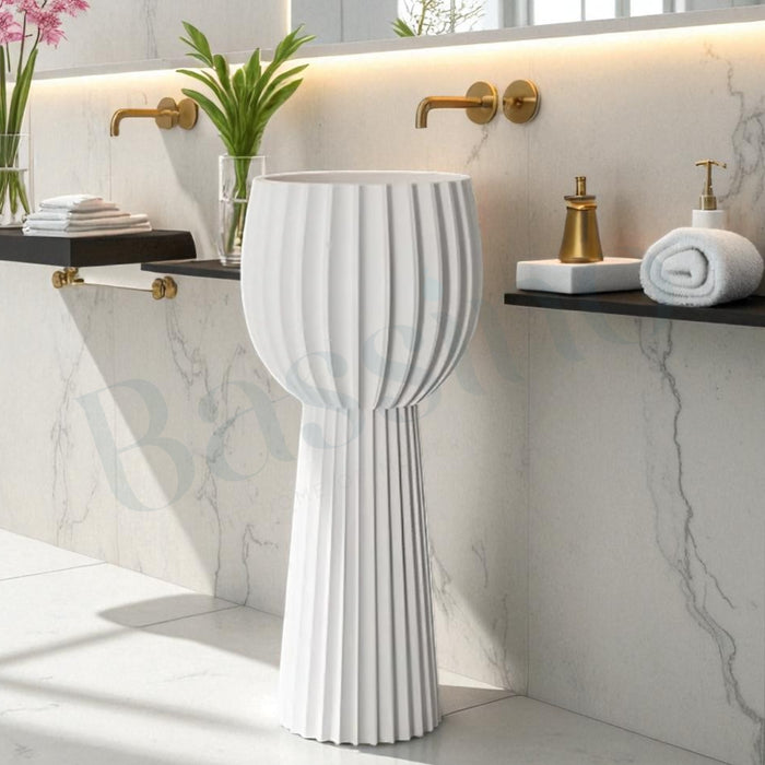 White artificial stone freestanding pedestal wash basin 400x400x860 mm with matte finish and fluted design, modern designer pedestal basin for luxury bathrooms