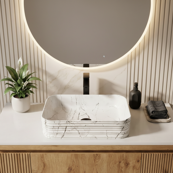 White Marble Ribbed Ceramic Rectangular Table Top Wash Basin – 460×325×125 mm