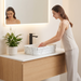 White marble ceramic rectangular table top wash basin, 460x325x125 mm, with rounded corners and horizontal ribbed design for modern bathrooms.