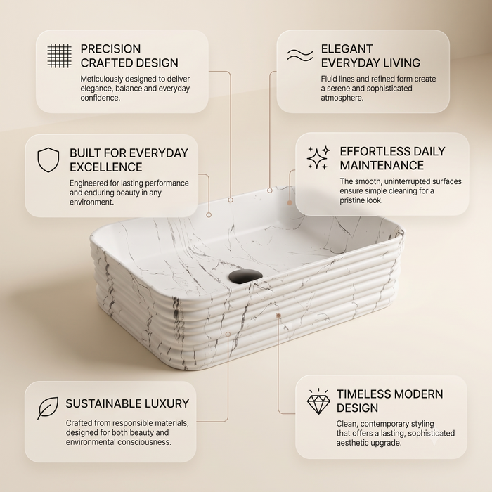 White marble ceramic rectangular table top wash basin, 460x325x125 mm, with rounded corners and horizontal ribbed design for modern bathrooms.