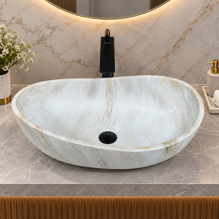 White marble finish artificial stone table top wash basin, 600×380×200 mm, matte oval countertop sink for modern luxury bathrooms.