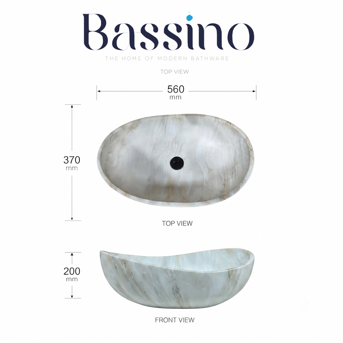 White marble finish artificial stone table top wash basin, 600×380×200 mm, matte oval countertop sink for modern luxury bathrooms.