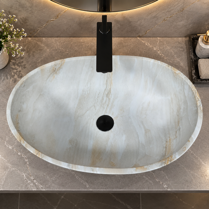 White marble finish artificial stone table top wash basin, 600×380×200 mm, matte oval countertop sink for modern luxury bathrooms.