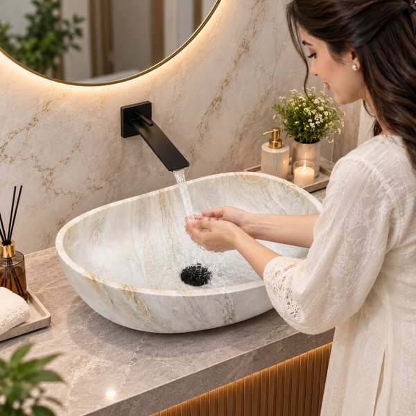 Artificial Stone Table Top Wash Basin 24×15×8 Inch – White Marble Finish, Matte Oval Countertop Basin for Modern Luxury Bathrooms