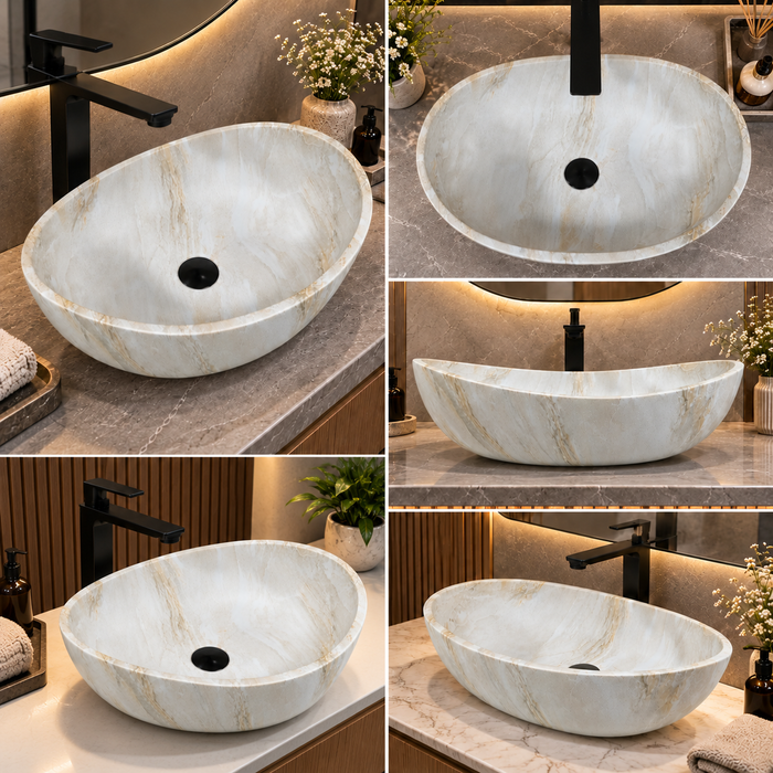 White marble finish artificial stone table top wash basin, 600×380×200 mm, matte oval countertop sink for modern luxury bathrooms.