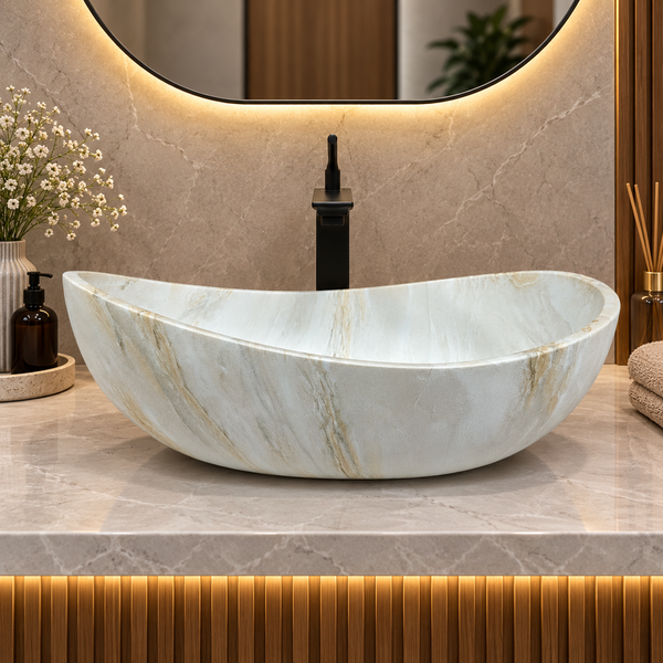 Artificial Stone Table Top Wash Basin 24×15×8 Inch – White Marble Finish, Matte Oval Countertop Basin for Modern Luxury Bathrooms
