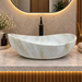 White marble finish artificial stone table top wash basin, 600×380×200 mm, matte oval countertop sink for modern luxury bathrooms.