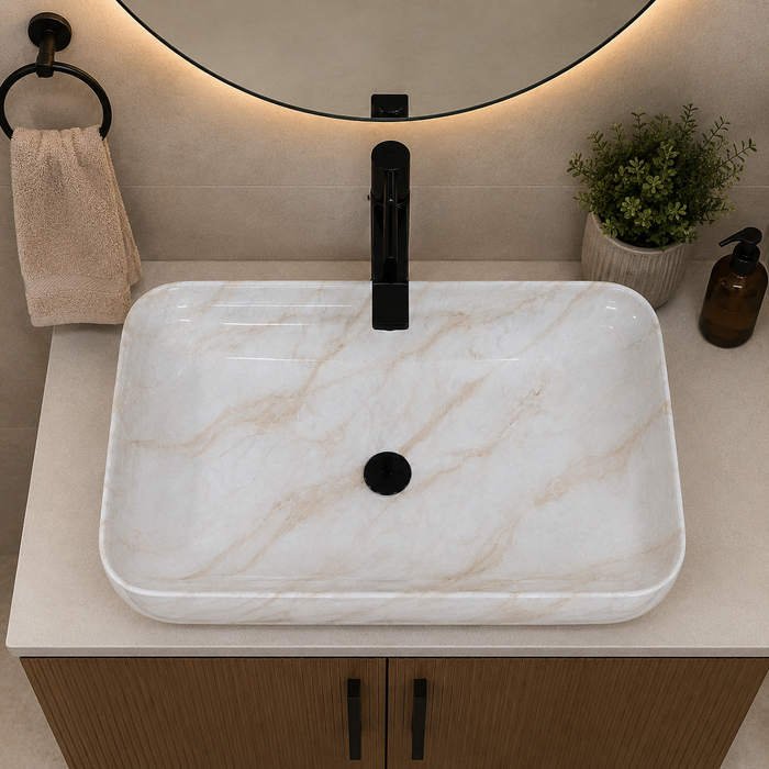 White marble finish ceramic table top wash basin with beige veining, glossy rectangular design and 750 × 400 × 140 mm size for modern luxury bathrooms.