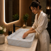 White marble finish ceramic table top wash basin with beige veining, glossy rectangular design and 750 × 400 × 140 mm size for modern luxury bathrooms.