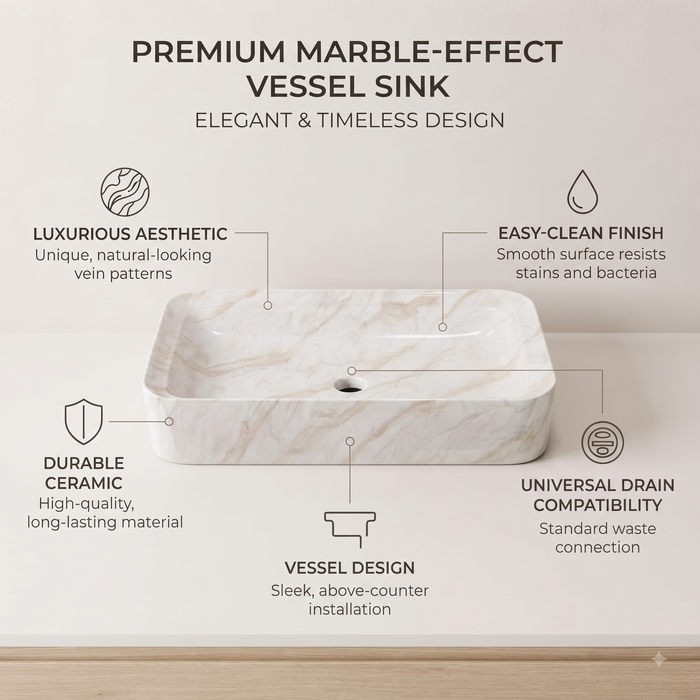 White marble finish ceramic table top wash basin with beige veining, glossy rectangular design and 750 × 400 × 140 mm size for modern luxury bathrooms.