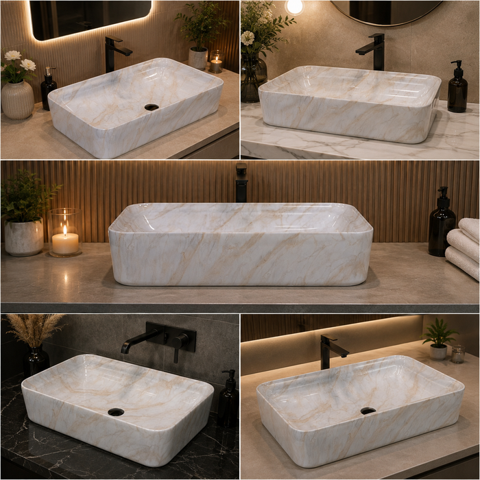 White marble finish ceramic table top wash basin with beige veining, glossy rectangular design and 750 × 400 × 140 mm size for modern luxury bathrooms.