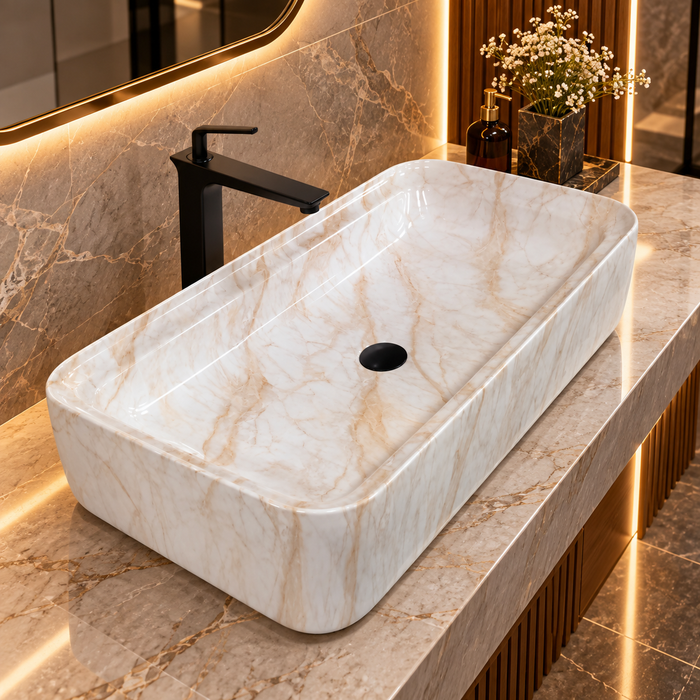 White marble finish ceramic table top wash basin with beige veining, glossy rectangular design and 750 × 400 × 140 mm size for modern luxury bathrooms.