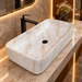 White marble finish ceramic table top wash basin with beige veining, glossy rectangular design and 750 × 400 × 140 mm size for modern luxury bathrooms.