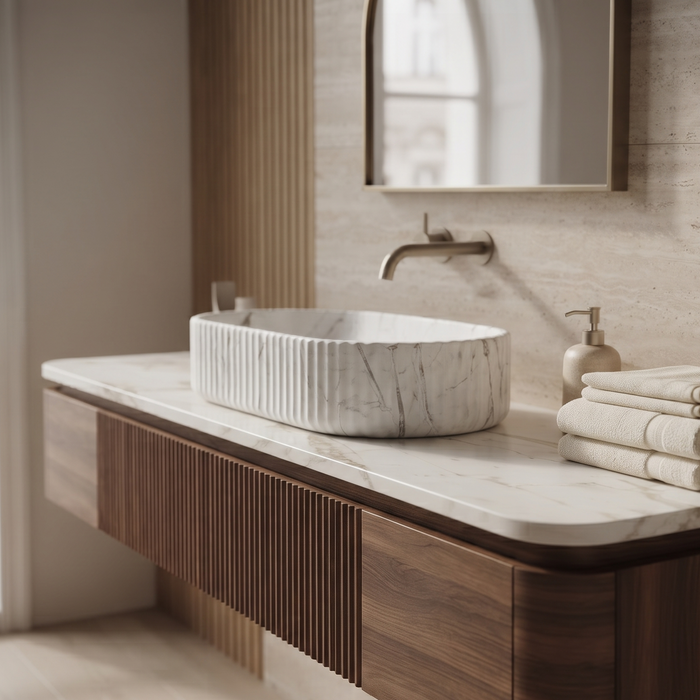 White marble fluted ceramic table top wash basin, 510x310x120 mm, with oval oblong shape and ribbed exterior for modern bathrooms.