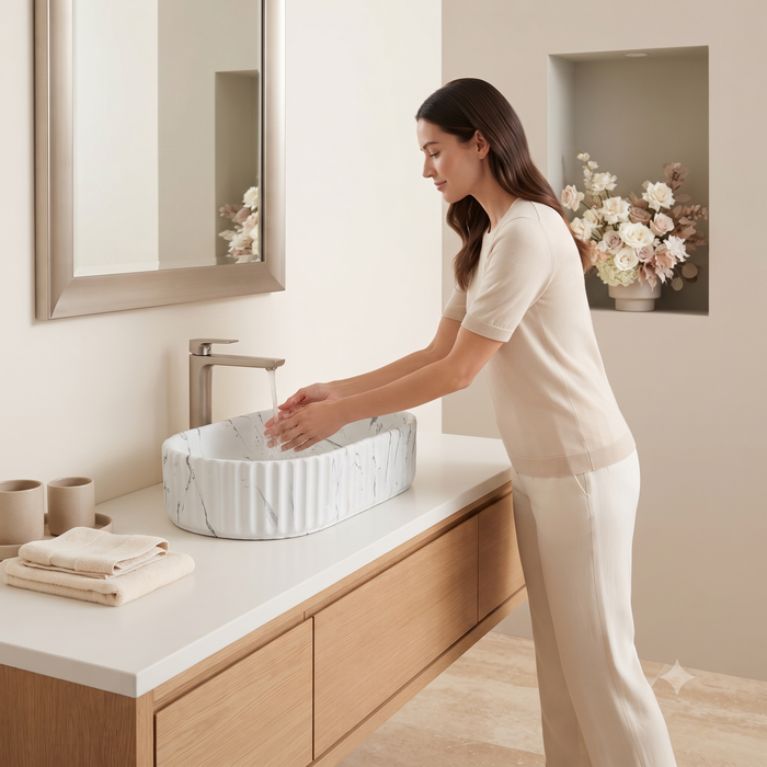 White marble fluted ceramic table top wash basin, 510x310x120 mm, with oval oblong shape and ribbed exterior for modern bathrooms.