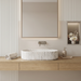 White marble fluted ceramic table top wash basin, 510x310x120 mm, with oval oblong shape and ribbed exterior for modern bathrooms.