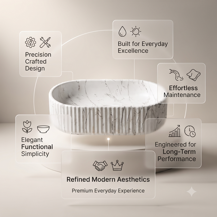 White marble fluted ceramic table top wash basin, 510x310x120 mm, with oval oblong shape and ribbed exterior for modern bathrooms.