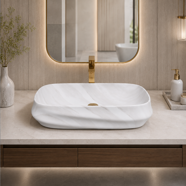 White Marble Matte Ceramic Designer Table Top Wash Basin – 600×430×150 mm