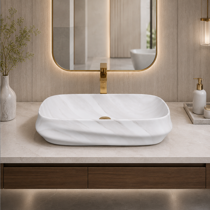 White marble pattern matte ceramic table top wash basin, 600x430x150 mm, with sculpted rectangular design for modern luxury bathrooms.