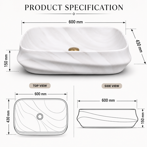 White Marble Matte Ceramic Designer Table Top Wash Basin – 600×430×150 mm