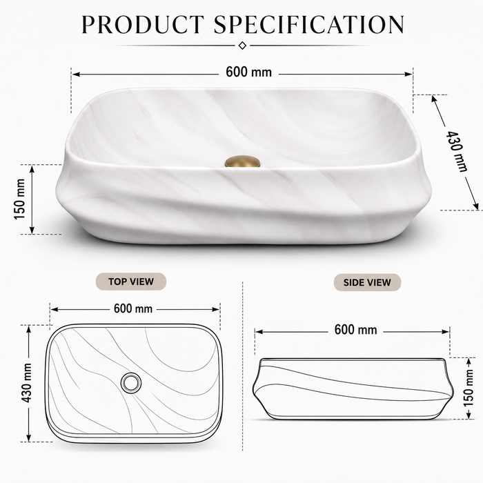 White marble pattern matte ceramic table top wash basin, 600x430x150 mm, with sculpted rectangular design for modern luxury bathrooms.